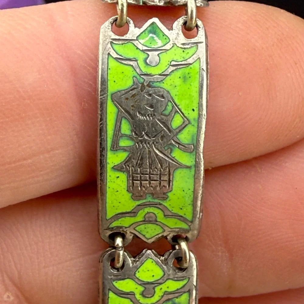 Vintage Enamel Panel Bracelet Green Figural Link 7in